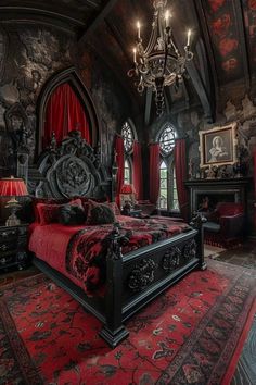 an ornate bedroom with red and black decor, chandelier, rugs and bedding