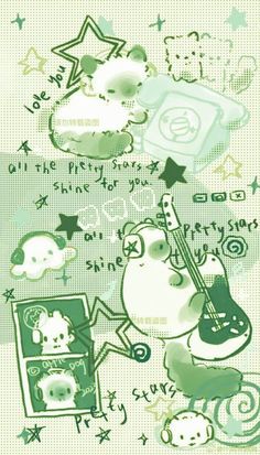 a green and white poster with an animal playing the guitar