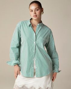 J.Crew: Garçon Shirt In Striped Cotton Poplin For Women Cotton Shirt With Shirttail Hem, Preppy Cotton Tops For Daywear, Green Preppy Top For Workwear, Preppy Green Top For Work, Green Cotton Shirt With Shirttail Hem, Hair Wrap Scarf, Embellished Shirt, Stewart Tartan, Polo Women