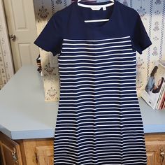 No Tags But Nib Striped Fitted Cotton Midi Dress, Fitted Striped Cotton Midi Dress, Navy Fitted Casual Midi Dress, Navy Fitted Cotton Mini Dress, Vintage Jean Dress, Red Asymmetrical Dress, Light Denim Dress, Burgundy Sweater Dress, Striped Tee Dress