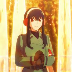 an anime character wearing headphones and standing in front of some trees with her arms crossed