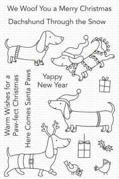 a stamp that says we woof you a merry christmas dachshund through the snow