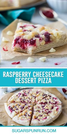 raspberry cheesecake dessert pizza is cut into slices and placed on parchment paper