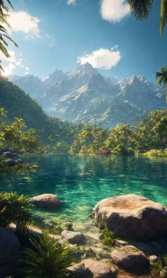 an artist's rendering of a mountain lake surrounded by tropical vegetation and rocks, with mountains in the background