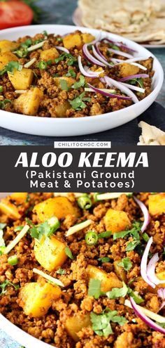 aloo keema with meat and potatoes in a white bowl