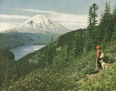 a painting of a man and his dog on the side of a hill with a mountain in the background