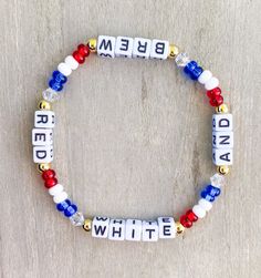 Red White & Brew 🇺🇸 Put my hands up, they are playing my song... it's a party in the USA. ⭐️ Made with seed beads and gold filled beads for no tarnish CARING TIPS FOR YOUR JEWELRY ⭐️Treat and store with care. ⭐️ For longevity, avoid exposing your jewelry to water. ⭐️ Avoid having direct contact with lotions, perfumes, sanitizers as these chemicals may cause discoloration of your jewelry. 4th Of July Bracelets, Usa Bracelet, Bead Bracelet Ideas, Red White And Brew, Blue Bracelets, Patriotic Bracelet, Bracelets Red, Bracelet Party, Party In The Usa