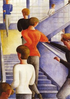 a painting of people on an escalator with one person walking up the stairs