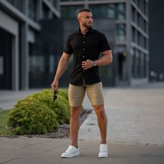 Discover ultimate style and comfort with Ultra-Stretch Chino Shorts Khaki. Crafted with luxurious fabric that offers exceptional stretch and comfort. Dress them up or down, as they exude sophistication and style. Whether paired with an essential tee or a button-up shirt, you'll enjoy a classy and comfortable look all day long. ✓ Versatile Fit - A perfectly fit with stretch to accommodate larger muscular thighs & glutes. ✓ Ultra-Stretch - Luxurious feeling rayon-nylon-elastane blend to give full 4-way Stretch Chinos With Pockets For Work, Mens Chino Shorts, Semi-formal Slim Fit Chinos With Pockets, Relaxed Fit Chino Cotton Twill Bottoms, Short Length, Slim Fit Ankle-length Chinos With Pockets, Muscular Legs, Khaki Chinos, Professional Athlete, Mens Khakis