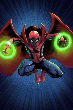 spider - man flying through the air with his arms spread out and glowing green eyes