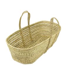 an empty wicker basket with handles on a white background, isolated for use as a wall hanging