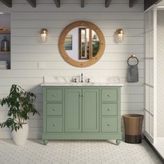 a bathroom with a sink, mirror and potted plant on the floor in front of it