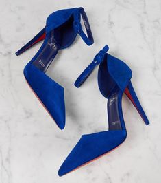 Astrida Bride 100 suede pumps in blue - Christian Louboutin | Mytheresa Designer Suede Heels With Heel Strap, Blue Suede Heels With Sculpted Heel, Luxury Blue Ankle Strap Heels, Louboutin Online, Gold Pumps, Black Suede Pumps, Blue Pumps, Christian Louboutin Women, White Pumps