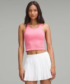 Embrace your movement. This soft tank is powered by seamless construction so you can move freely through your practice and beyond. Designed for Training. Intended to provide light support for B/C cups:Slim fit skims your body:Cropped length is cut above the waist-perfect with high-rise pants:Intended for low-impact activities. Built-in shelf bra for added support and coverage. Pockets for optional, removable cups. Racerback shape allows for full range of movement. Lululemon Outfits, C Cup, Birthday List, High Rise Pants, Top Light, Shelf Bra, Sleeveless Tank Top, Racerback Tank Top, Sleeveless Tank