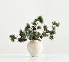 a white vase filled with pine cones on top of a table