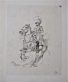 a drawing of a man riding on the back of a horse next to another person