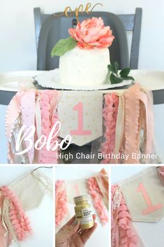 a collage of photos showing how to decorate a birthday cake with pink ruffles