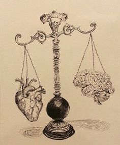 a drawing of two human heart and brain on a balance scale, with one being weighed