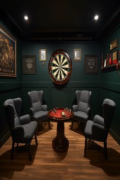 Vintage-inspired dart game room with deep green walls, framed art, and classic seating. Room Ideas For Adults, Small Game Room Ideas, Basement Game Room Ideas, Lounge Room Ideas, Game Room Ideas, Board Game Room, Small Game Rooms, Pool Table Room