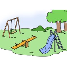 an illustration of a playground with a slide and swings in the grass next to trees