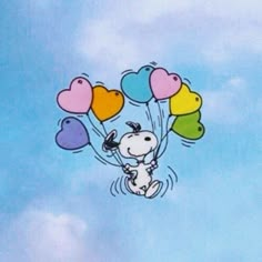 a cartoon dog flying in the sky with heart shaped balloons