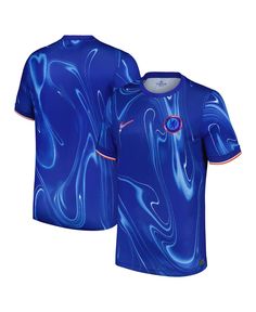 a blue soccer jersey with swirls on the front and side, in white background