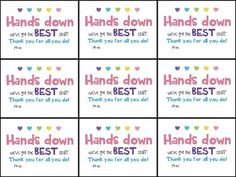 hand down best stickers are shown in pink, blue and yellow colors with hearts on them