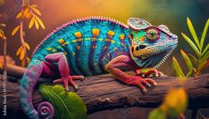 a colorful chamelon is sitting on a branch