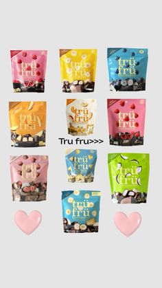 six bags of candy with different flavors