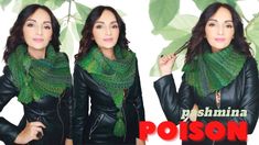 three women wearing green scarves and black leather jackets with the words poison on them