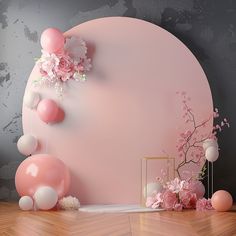 a room with balloons and flowers on the wall