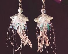 Beading Pattern and Tutorial Jellyfish Tassel and Jellyfish - Etsy Jellyfish Outfit Ideas, Jelly Fish Earrings, Jellyfish Inspired Outfit, Water Themed Outfits, Jellyfish Earring, Resin Jellyfish, Jellyfish Outfit, Transparent Jellyfish, Jellyfish Accessories