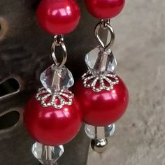 Glass Pearl Crystal Dangle Earrings Handmade Handcrafted Earrings Are Made With Shiny Glass Pearl Beads, Clear Crystal Beads, And Silver Plated Earring Hooks And Findings Measures About 55mm Long And 12mm Wide Overall Size: Womens Os Condition: New With Tags Red Round Pearl Drop Earrings, Red Pearl Drop Round Earrings, Elegant Red Teardrop Beaded Earrings, Elegant Handmade Red Earrings, Red Pearl Drop Earrings As Gift, Red Pearl Drop Earrings For Gift, Red Dangle Earrings With Ear Wire, Red Drop Beaded Earrings For Celebration, Red Dangling Beads Earrings For Wedding