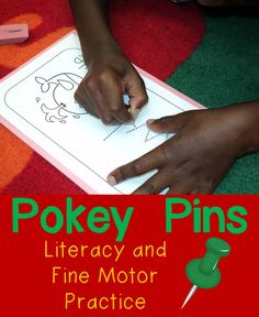 a child is drawing on a piece of paper with the words pokey pins written in it