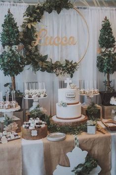 a table topped with lots of cakes and desserts