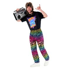 PRICES MAY VARY. Our funky 80s costume for men includes black t-shirt with graphic logo and bright, rainbow, zebra pants Costume comes in 5 sizes! Medium, Large, XL, 2Xl and 3XL. Please see our size guide found in images for more information Perfect for 80s and decades parties. Easy to wear and comfortable all night long, made with elasticated waist pants Founded in 2009 by 3 friends with a passion for costumes, we now have 100s of designs all manufactured to the highest standards of quality, fi 80s Party Outfits For Men 1980s Style Mens Fashion, 80s Party Outfits Men, 80s Fashion Men Vintage, Guys 80s Costume, Mens 80s Outfit, 80s Costume Men, Mens 80s Outfits, Mens 80s Costume, 80s Mens Outfits