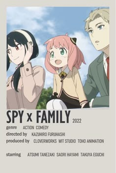 the poster for spy x family, which features two girls and one boy with pink hair