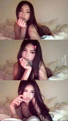 four pictures of a woman laying in bed with her hands on her face and looking at the camera