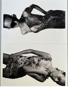 two black and white photos of women in evening gowns, one is laying down