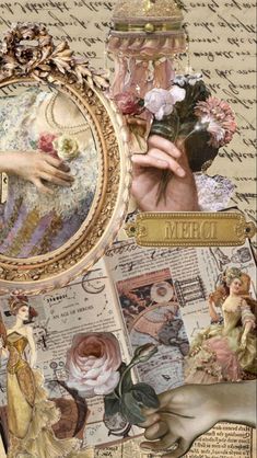 an altered collage with images of women in victorian dress and flowers, including a woman's hand holding a flower