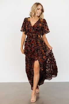 Semi Formal Fall Dresses For Wedding Guest, Baltic Born Velvet Dress, Velvet Embroidered Maxi Dress, Baltic Born Dress, Fall Boho V-neck Dress With Floral Print, 34c Size, Fall Formal Dresses, Brown V-neck Maxi Dress With Floral Print, Boho Wedding Guest