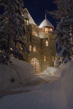 an old castle lit up at night in the snow