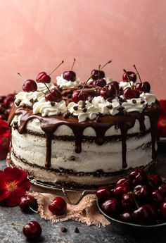 a chocolate cake with cherries and whipped cream on top is surrounded by cherry petals