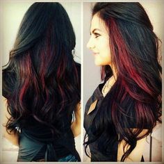 Black with red peek-a-boo highlights. Fun Color Block Hair, Black Hair With Red Highlights, Peekaboo Highlights, Dark Red Hair, Black Hair With Highlights, Coloured Hair, Red Highlights, Hair 2024