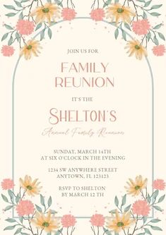 an ornate frame with flowers and leaves is the centerpiece of this family reunion card