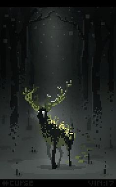 a pixelated deer standing in the middle of a forest at night with light shining on it's antlers