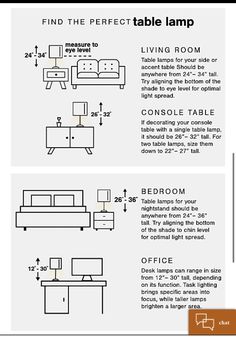 the table lamp is shown in three different sizes and colors, with measurements for each one