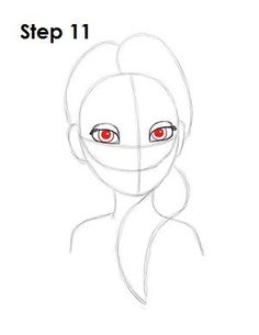 a woman's face with red eyes and the words step 11 in front of it