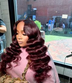 Maggiestylez 🖤 Baddie Burgundy Hair, Burgundy Wig With Layers, Body Wave Burgundy Wig, Burgundy Lace Front Wig Human Hair, Burgandy Lace Wigs, Weave Styles, Cosmetology, Lace Front