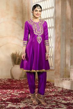 Violet short anarkali with floral pattern gota embroidery. Comes with matching salwar and dupatta. - Aza Fashions Short Anarkali, Purple Anarkali, Floral Anarkali, Gota Embroidery, Salwar Pattern, Embroidered Shorts, Short Set, Set For Women, Anarkali